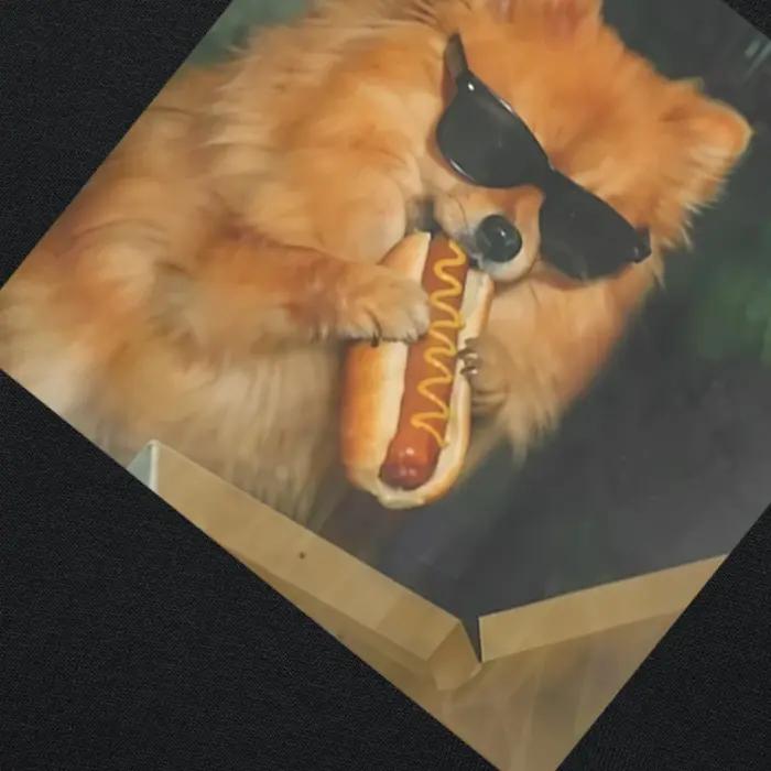 T-shirt à manches courtes pour hommes et femmes, 100% coton, avec image de chien Pomeranian mangeant une hot-dog, humoristique