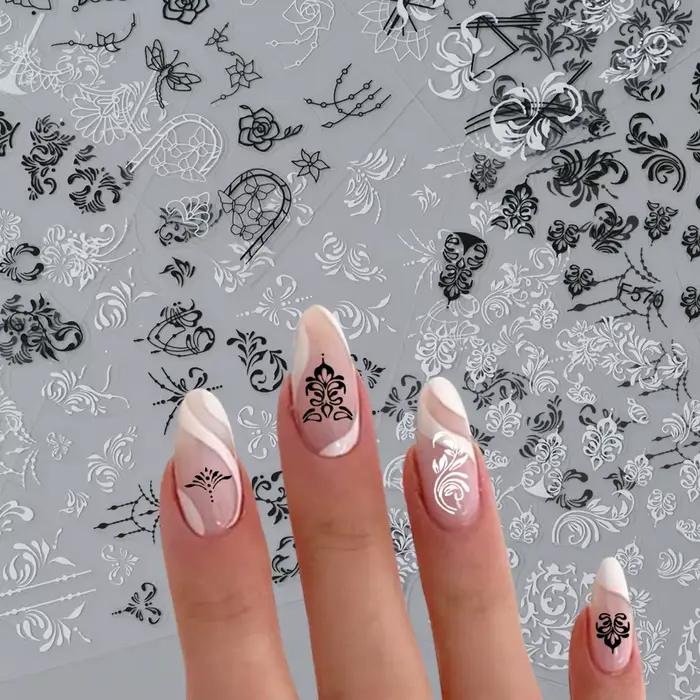 Autocollants 3D fleurs en dentelle noire et blanche pour Nail Art, étiquette auto-adhésive à ligne g
