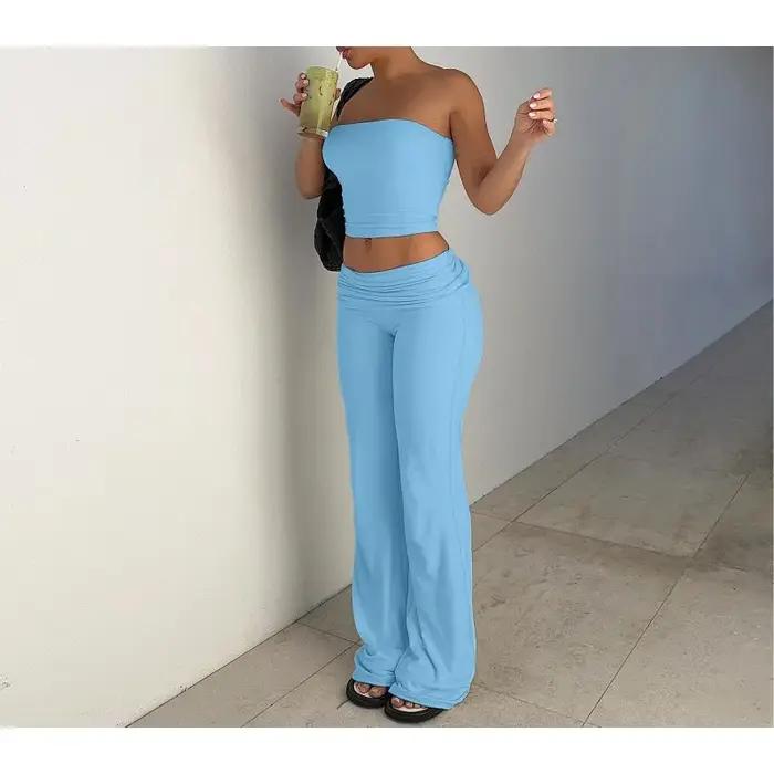 Vêtements pour femmes, haut tubulaire de couleur unie, pantalon évasé, costume Slim à la mode, printemps 2025