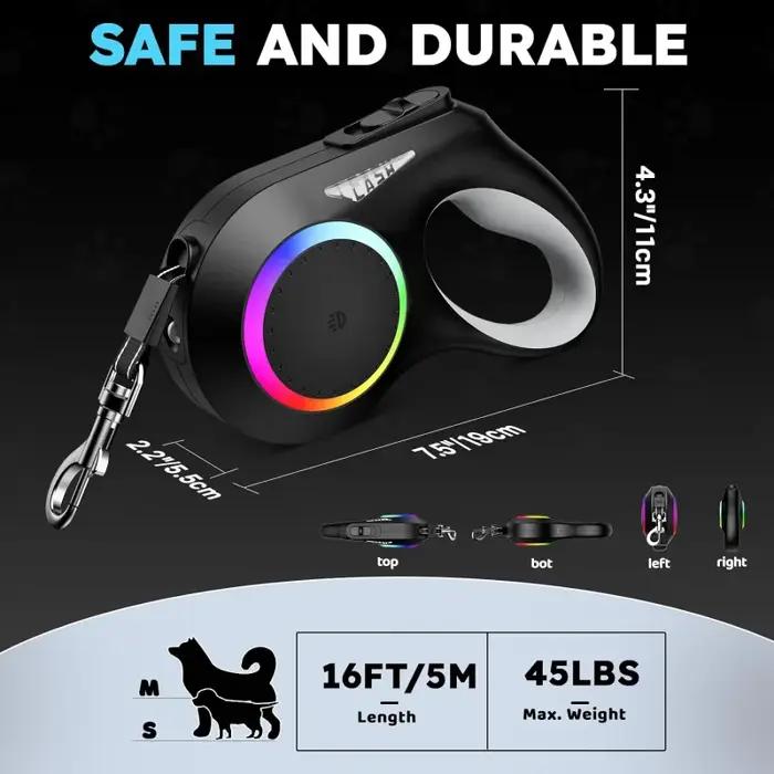 Laisse rétractable avec lampe de poche LED pour chiens de petite, moyenne et grande race