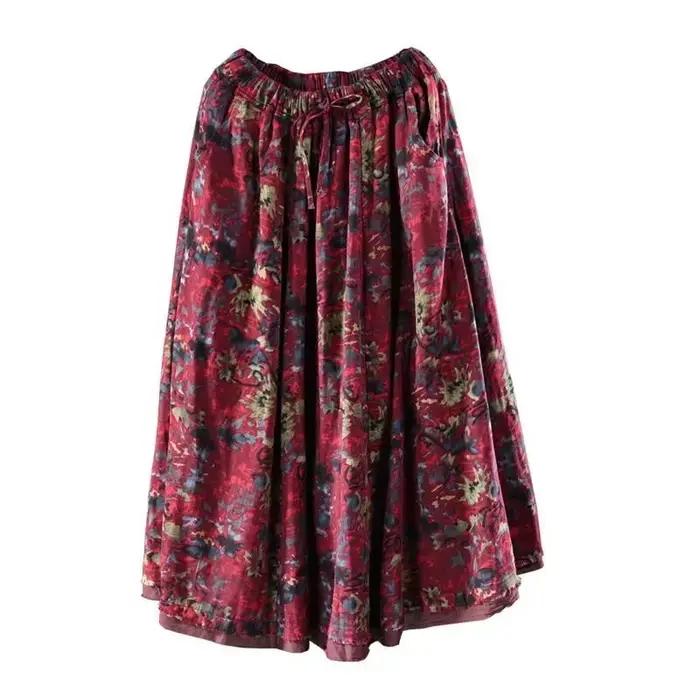 A-ligne plissée Vintage jupes pour femmes automne jupe longue florale poches élégant ample taille ha