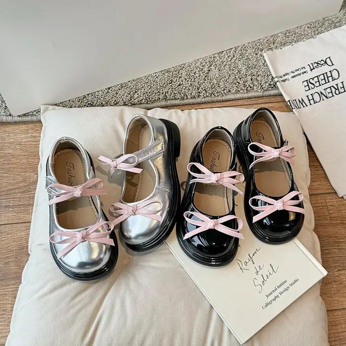 Printemps Fille Mary Janes Argent Noir Bowvétérans t Élégant Enfants Chaussures En Cuir Chunky Rond