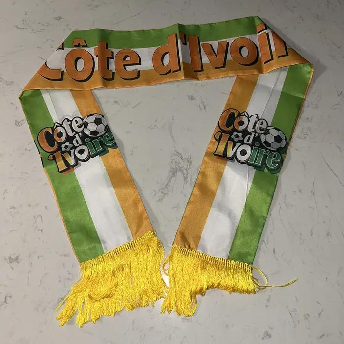 (SKY FLAG) Écharpe de la Côte d'Ivoire 14x135cm en satin double face, écharpe aux couleurs du drapeau de la Côte d'Ivoire avec pompons pour la Coupe de Football, les sports, les événements