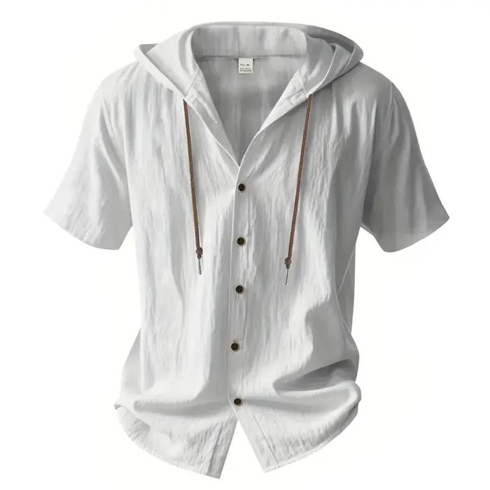 Chemise en coton et lin pour homme à capuche, décontractée, respirante, avec cordon de serrage, manches courtes, solides et élégantes pour l'été et les occasions décontractées