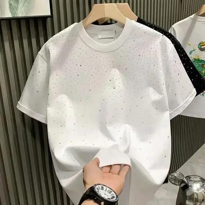 Été hommes vêtements été strass Rivet T-shirt col rond