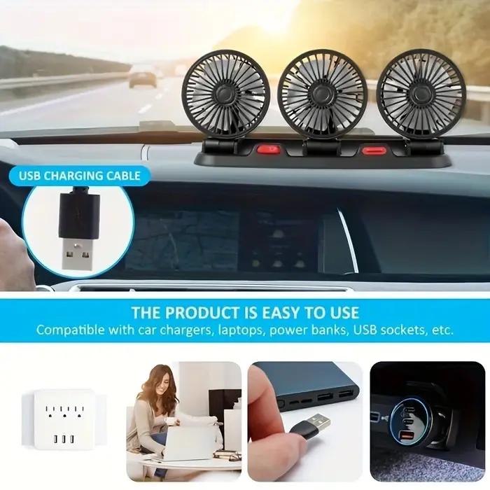 Ventilateur de voiture à trois têtes, USB, 3 vitesses réglables, rotation résistante à 360, adapté a
