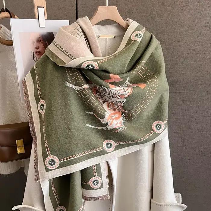 Écharpe de luxe en Faux cachemire pour femme, vêtement d'hiver à la mode, petit cheval, épais, chaud
