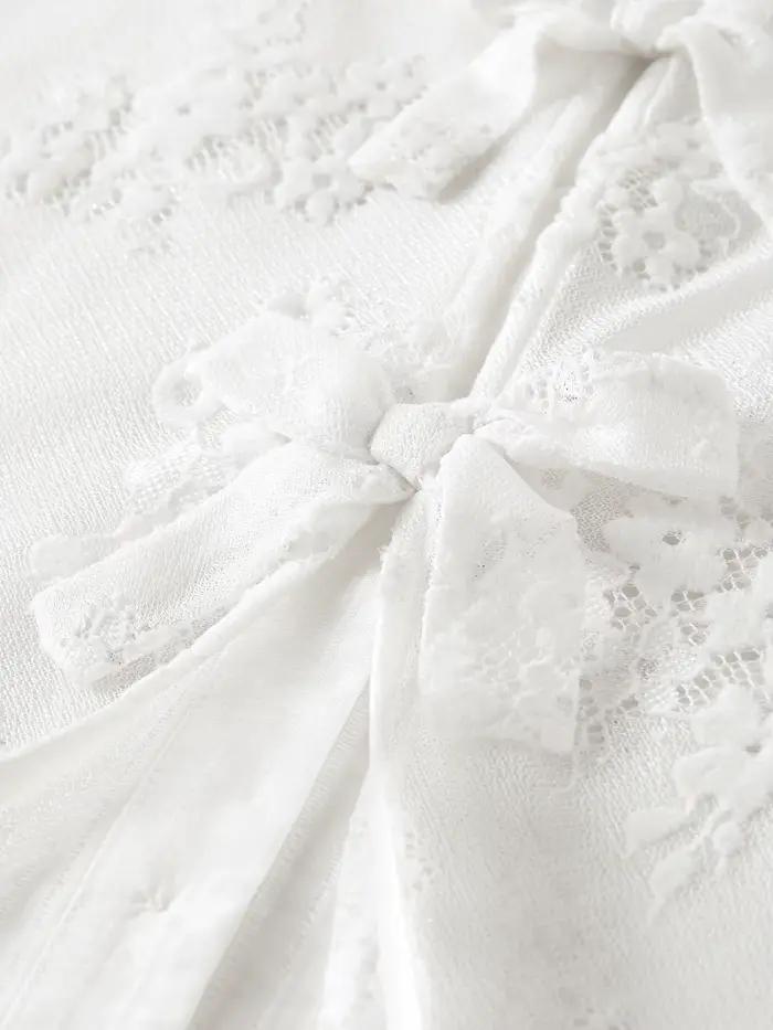 Chemisier blanc à nœud et dentelle pour femme FSLE 2026, col en V, manches courtes, chemise de créat