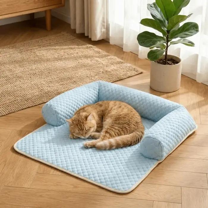 Canapé-lit pour chien respirant, tapis rafraîchissant pour chien, coussin de canapé pour chien amovible et antidérapant avec oreiller, coussin d'été confortable pour animaux de compagnie, pour intérie