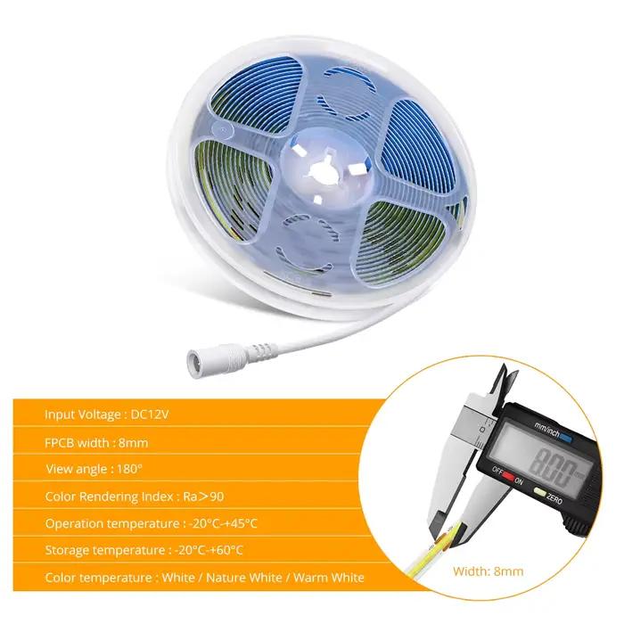 Bande lumineuse LED COB, 5M, 10M, 12V, 24V, 320 diodes/M, haute luminosité, barre LED Flexible FCOB,