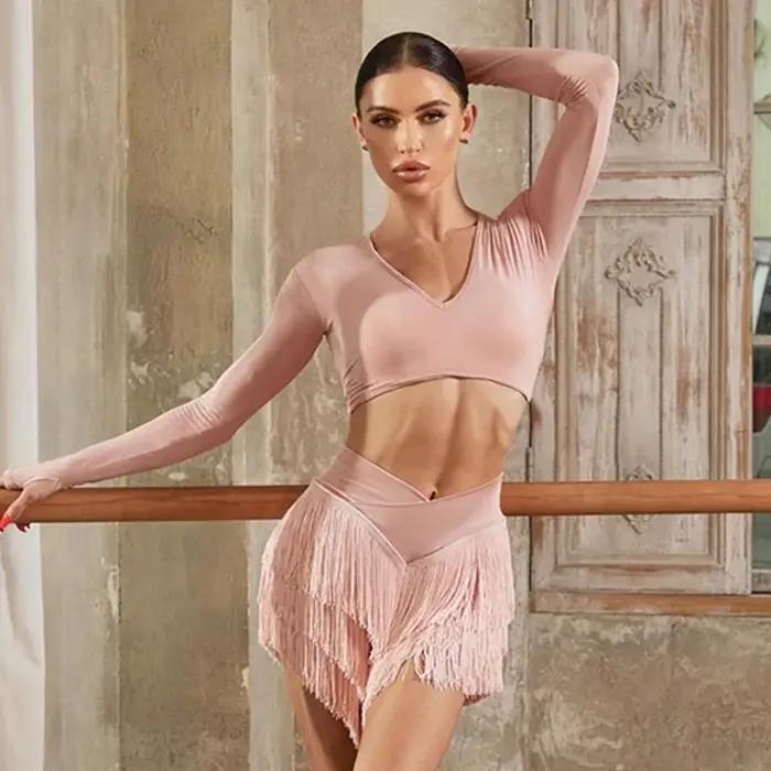 Vêtements de danse latine pour femmes, hauts à manches longues, dos nu, jupe à franges, Cha Cha Rumb