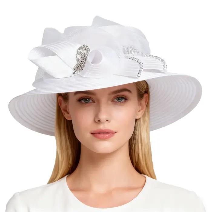 Chapeau de cérémonie pour femme - Chapeau melon à large bord avec nœud, visière plate formelle pour