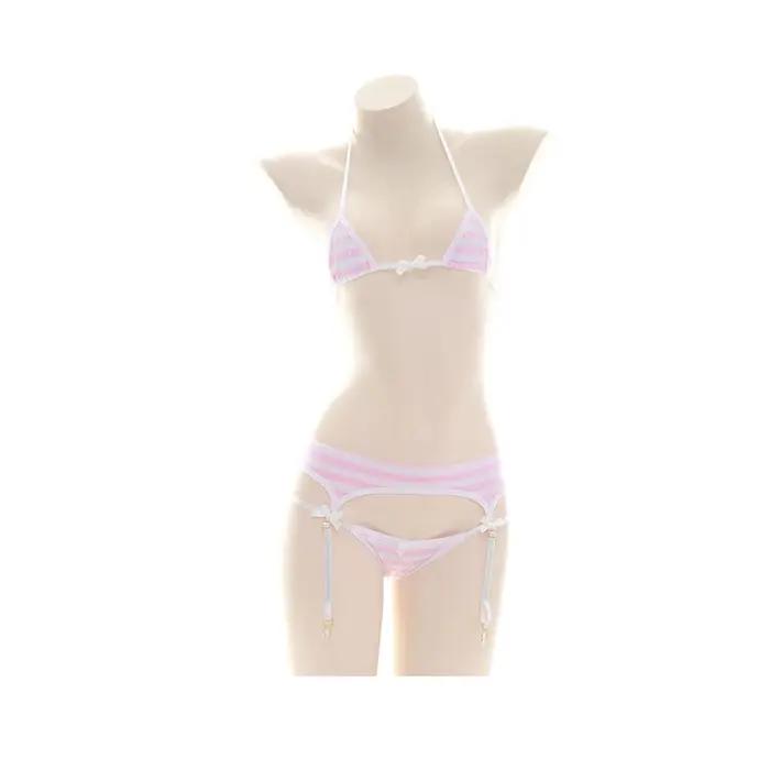Soutien-gorge sexy Lolita pour femmes sous-vêtements Kawaii carnaval bleu rose blanc rayé mini bikini pour adultes vêtem
