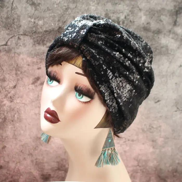 Chapeau turban noué à paillettes pour femmes, brillant hijab à motifs prêt à porter, accessoire élégant pour occasions spéciales et quotidien