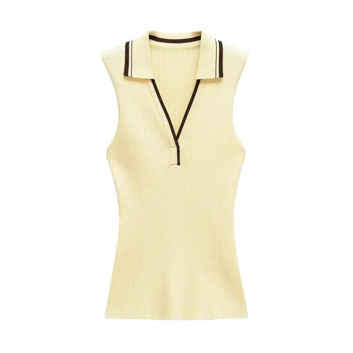 Vêtements pour femmes 2025 printemps et été européen et américain contrasté rayé revers gilet femmes t-shirts hauts pour les femmes
