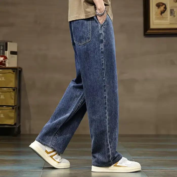 Jean ample à jambes droites pour hommes, bleu et gris, avec cordon de serrage, Streetwear décontract