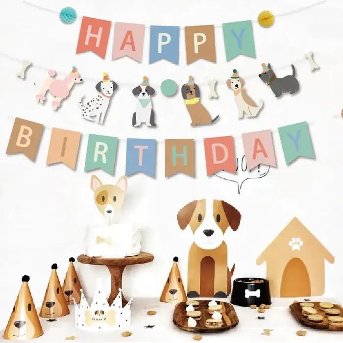 Fournitures de fête d'anniversaire pour chien, drapeaux de bannière, décoration de Cupcake pour chien, visage de chien, décoration de gâteau, thème de chiot, décor de ballon de fête d'anniversaire