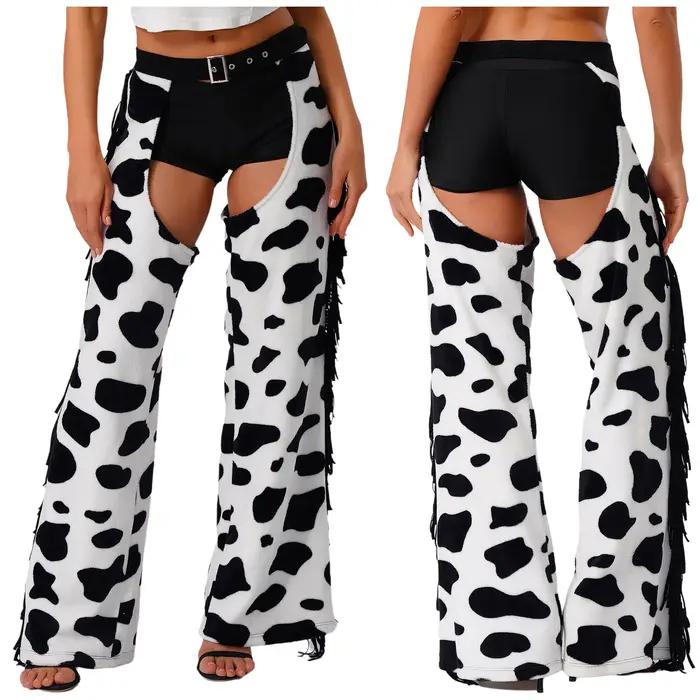 Pantalon de Cowboy pour hommes et femmes, Cosplay, imprimé vache, pompon, flanelle, entrejambe ouvert, Chaps, Costume de fête pour Halloween, Club Raves