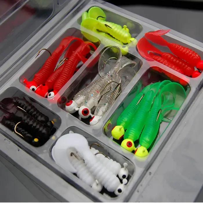 21 pièces/ensemble Mini leurre de pêche souple tête de gabarit crochet ver ver Silicone appâts de poisson crevette appât
