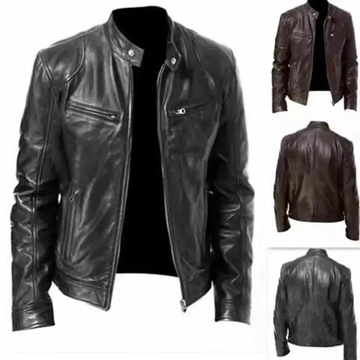 Veste en cuir PU coupe couvertes pour hommes, col montant, vestes à glissière alertes onale, revers