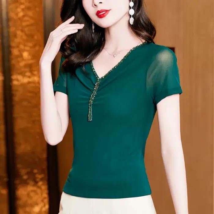 T-shirt manches courtes col en v pour femme, haut à la mode, gaine très extensible, maille