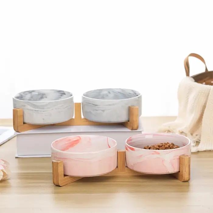 Filles en céramique avec support en bois pour animaux de compagnie