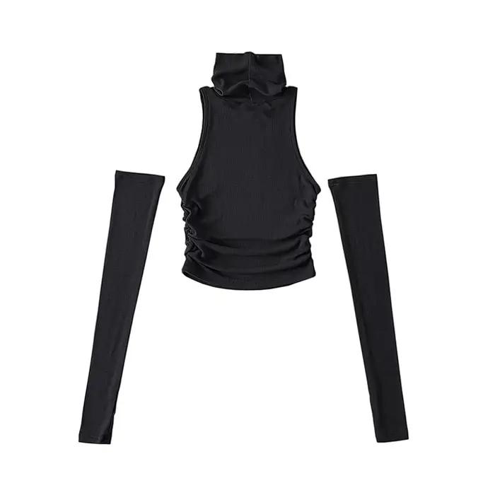 Haut débardeur Y2K avec col roulé et plis latéraux pour femmes sorties nocturnes automne printemps polyvalent polyester élasthanne