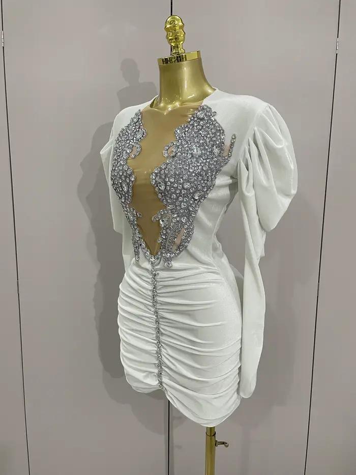 Robe courte de luxe en velours blanc pour femmes, cristaux scintillants, maille Sexy, élégante, robe