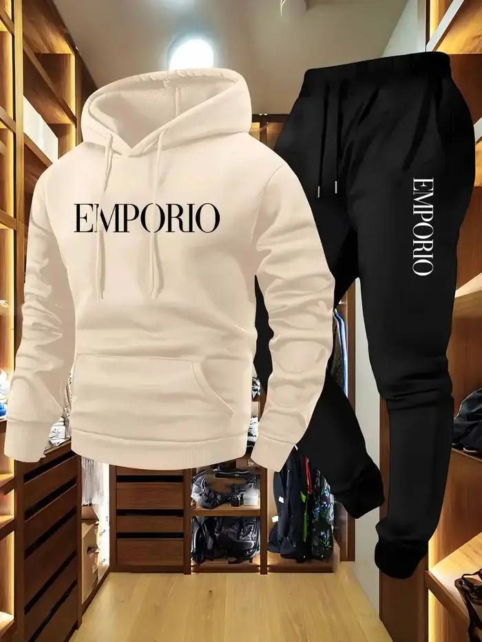 Ensemble jogging décontracté vert olive pour homme 2025 avec sweat à capuche EMPORIO imprimé et cordon de serrage