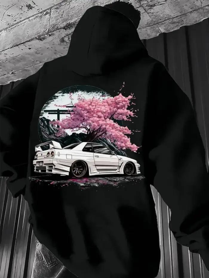 Sweat à capuche pour homme pour l'automne/hiver, style streetwear minimaliste avec graphiques vintage de voiture de sport JDM blanche et de fleurs de cerisier