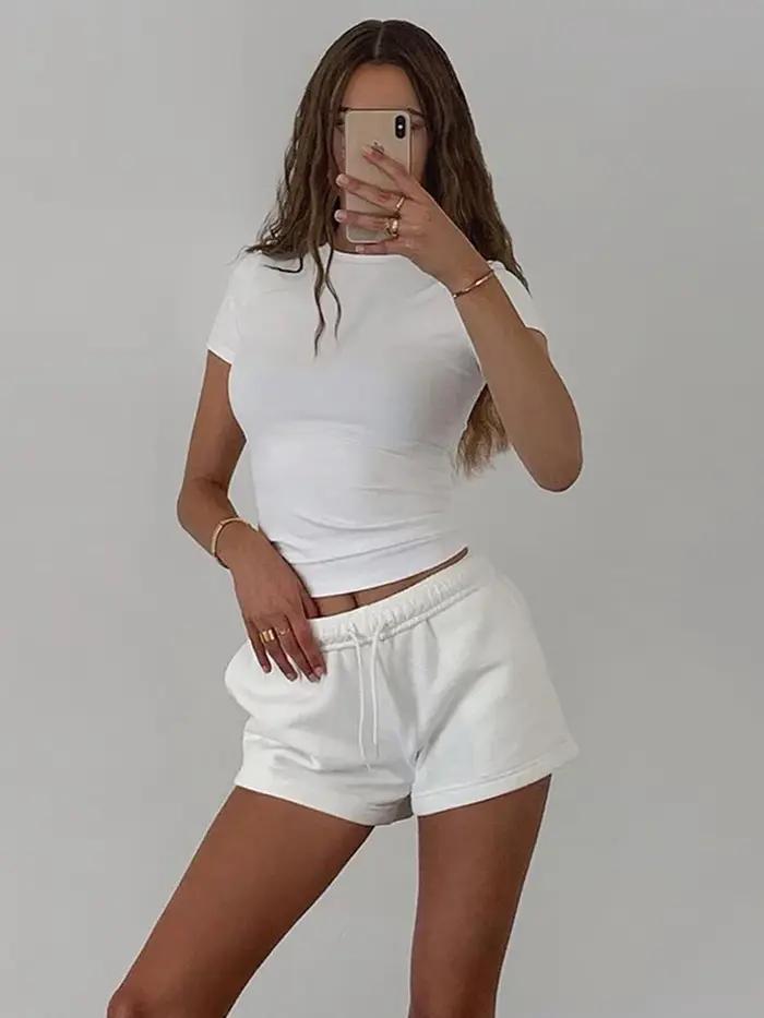 Printemps nouveau T-Shirt à manches courtes femmes solide Simple décontracté doux tout-Match chaud basique culture hauts