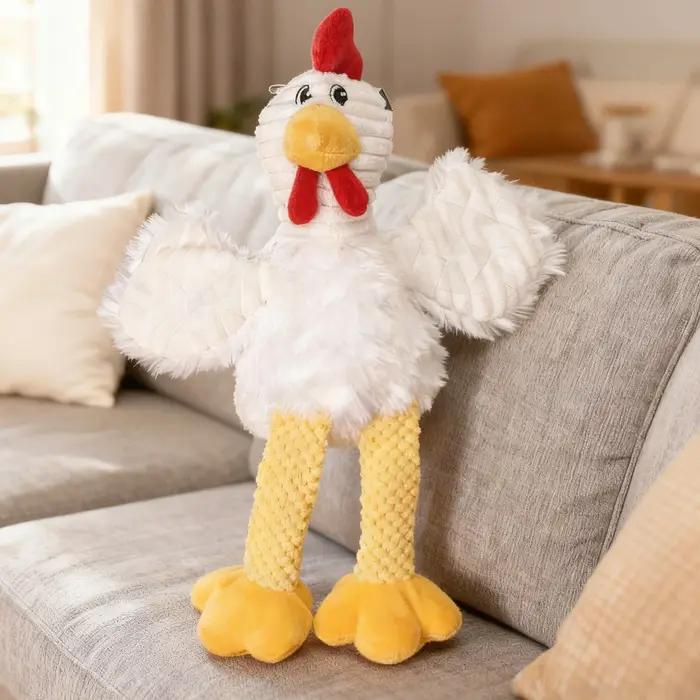 Peluche réaliste poulet aux longues pattes, couineuse, en tissu doux, jouet à mâcher pour chiens et
