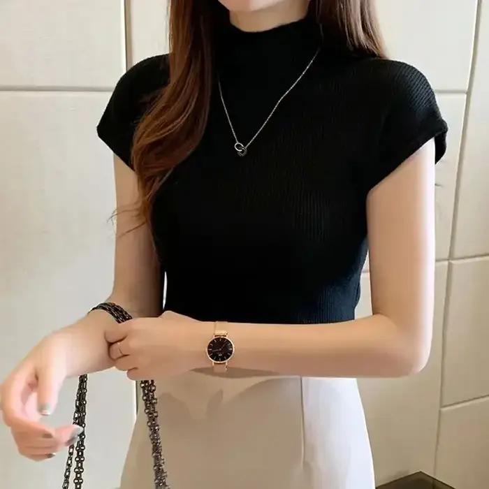 Haut en tricot sans manches à col montant pour femmes, pull extensible en tricot côtelé, hauts superposés, tenue basique printemps été