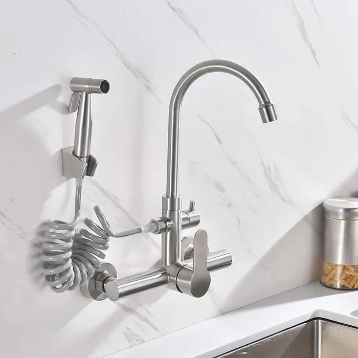 Robinet cuisine mural deux trous acier inoxydable eau froide chaude avec pulvérisateur rotatif balcon