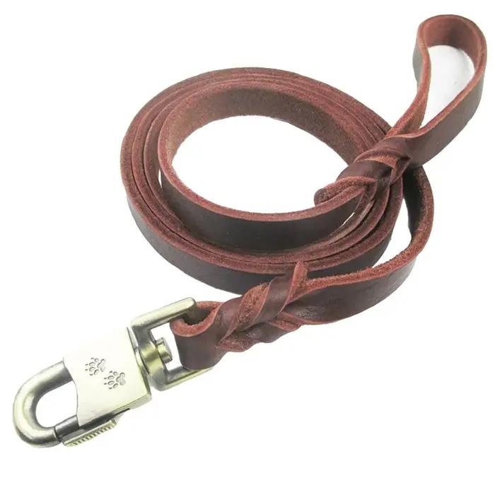 Laisse longue en cuir véritable tressé pour chien