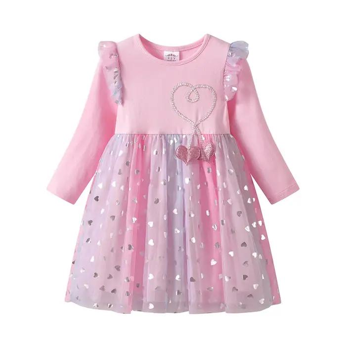 VIKITA fille manches évasées automne printemps robe rose enfants coeur forme maille Tulle princesse fête décontracté