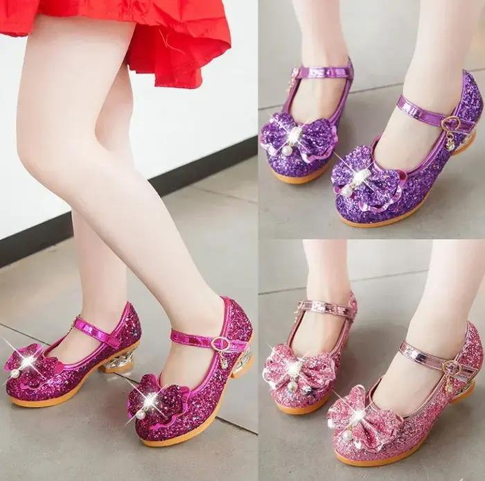 Chaussures de danse princesse à talons hauts pour filles, chaussures à paillettes en cuir souple, à