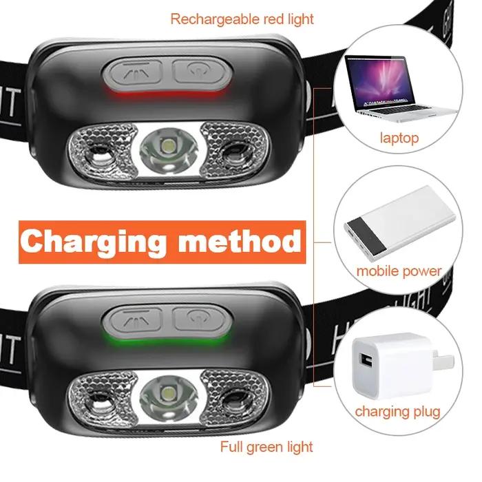Mini lampe frontale Rechargeable USB avec capteur d'onde, lampe de poche d'éclairage extérieur pour
