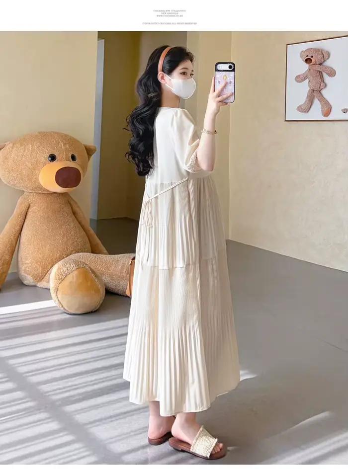 Robe de plage en mousseline de soie pour femmes enceintes, vêtements pour femmes enceintes, manches longues, col carré, grande taille, bleu, printemps