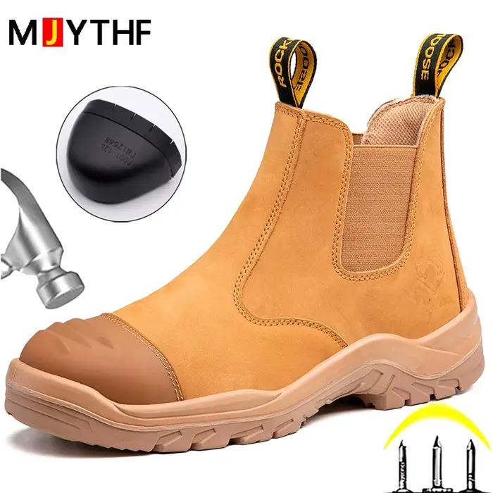 Bottes de sécurité en cuir véritable pour homme, bottes Chelsea anti-perforation, robustes et durables pour l'automne et le printemps