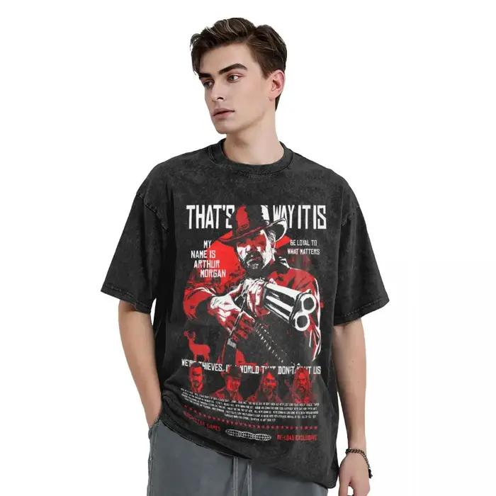 T-shirt Red Dead Redemption 2 graphique décontracté pour homme coton lavé quatre saisons manches courtes surdimensionné