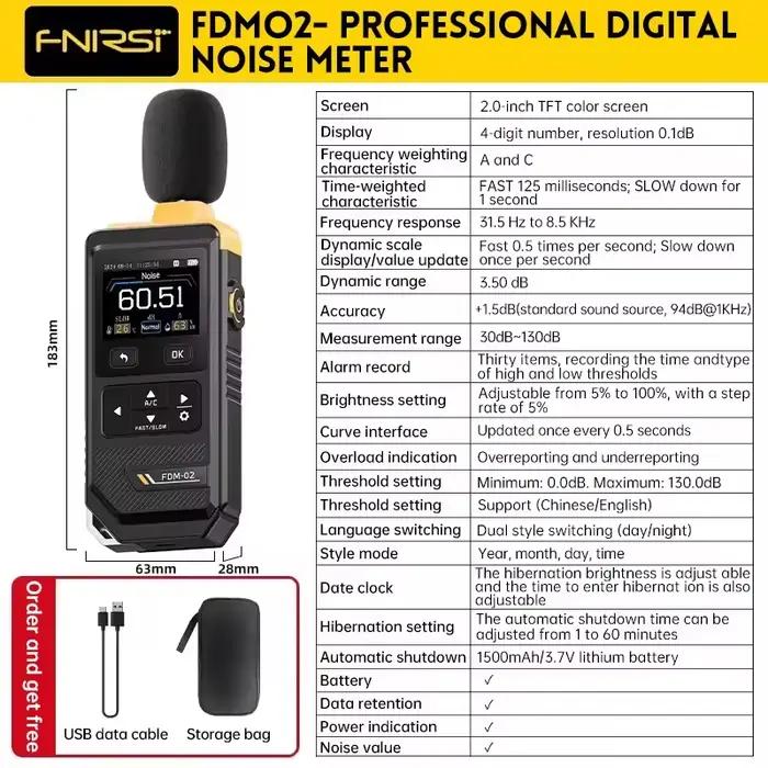 Instrument de mesure de niveau sonore FDM-02 haute précision avec affichage TFT pour mesures A/C et enregistrement de courbes pour professionnels et environnements bruyants