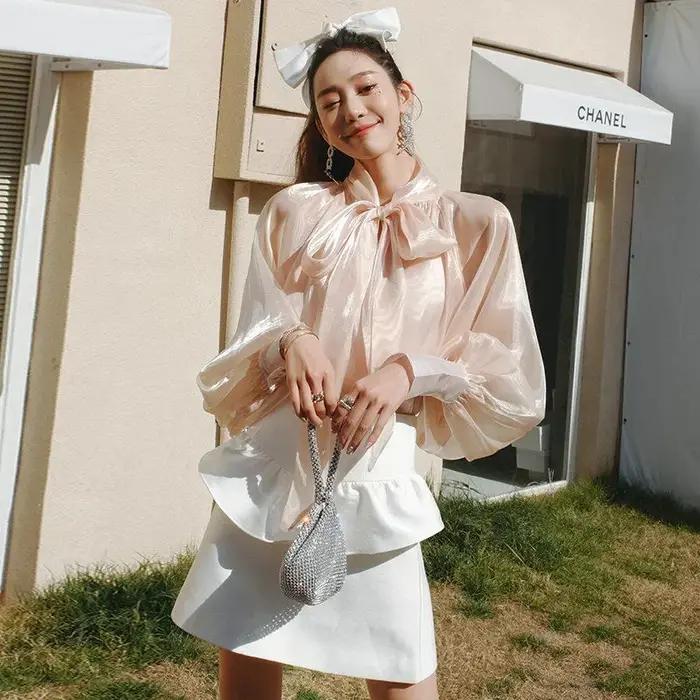 Printemps automne femmes hauts à la mode nouvelles chemises lanterne manches col montant solide décontracté Vintage élég