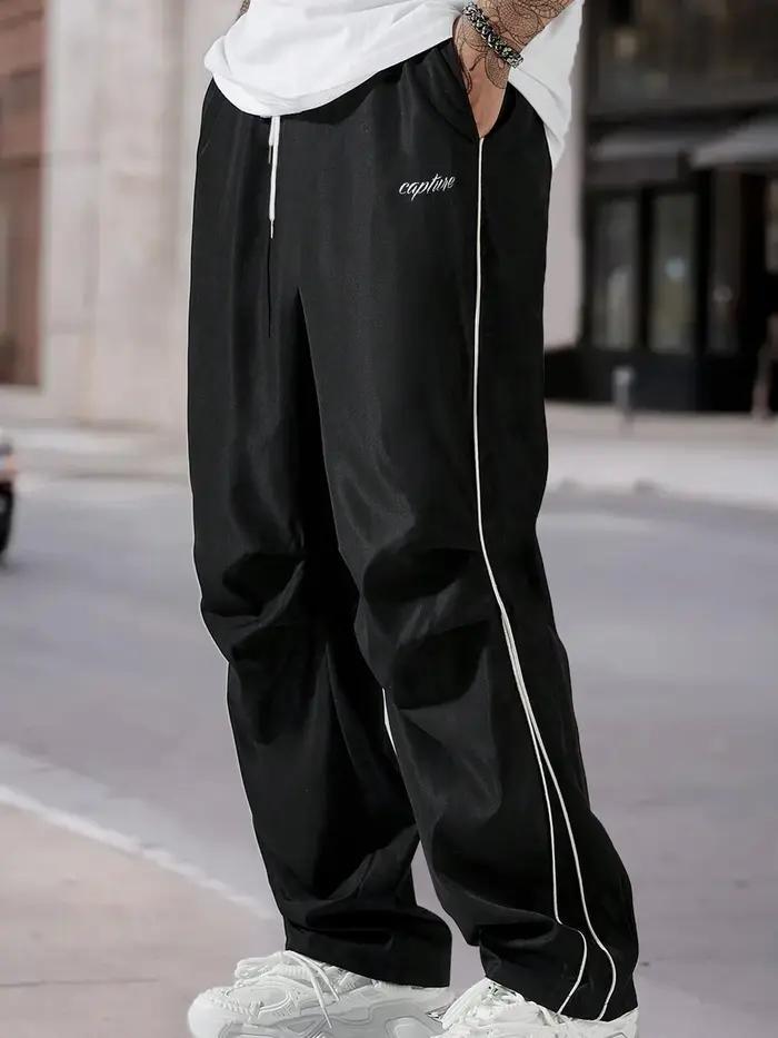 Pantalon décontracté pour homme, coupe droite, noir et blanc, avec cordon de serrage, style cargo, p