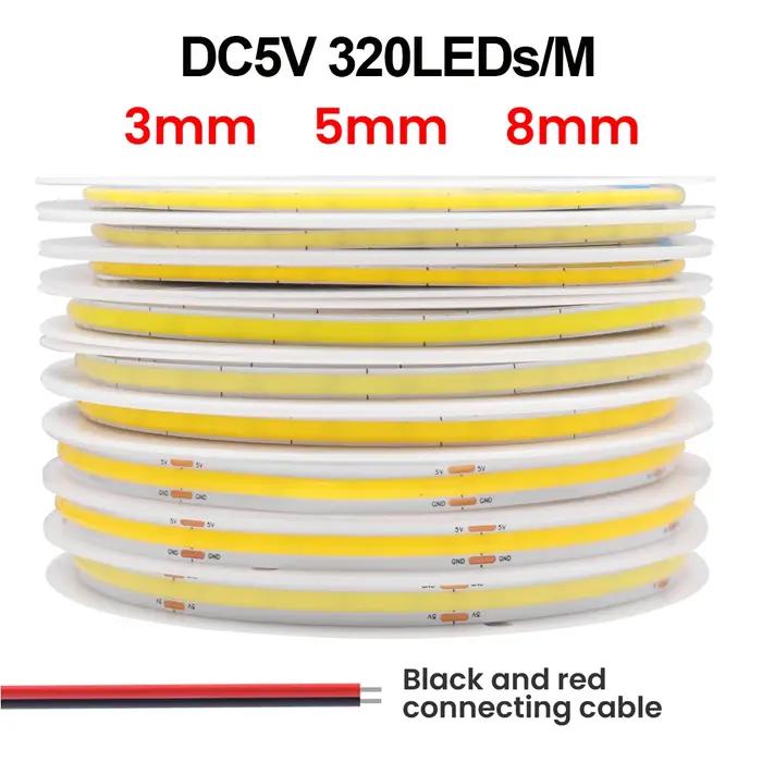 Bande lumineuse LED COB 3MM 5MM 8MM, 5V 12V, 320 diodes/M, 3000K 4000K 6000K, ruban Flexible haute d