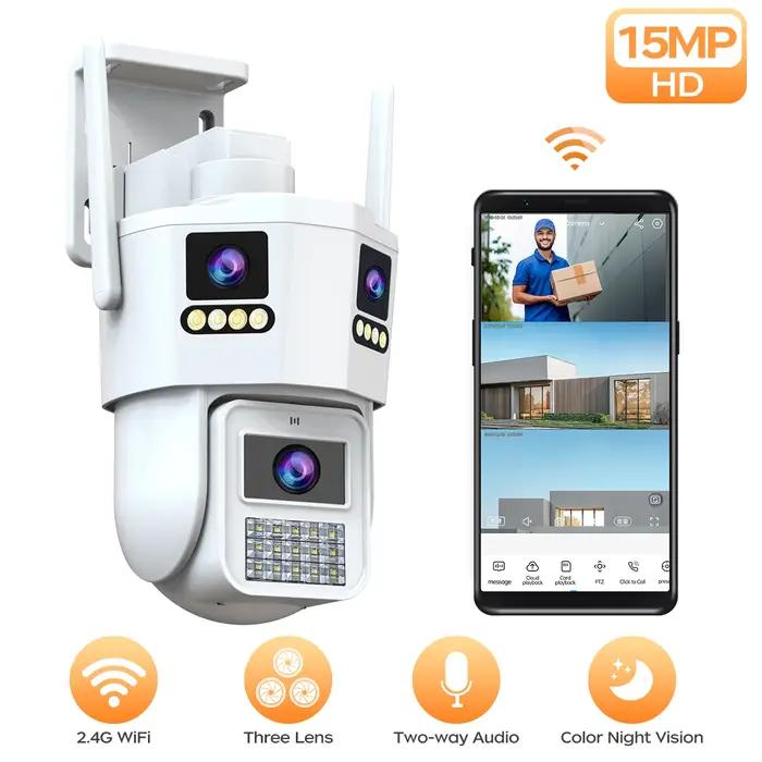 Caméra sécurité WiFi IP 15MP HD trois objectifs trois écrans détection humaine AI extérieur surveillance CCTV