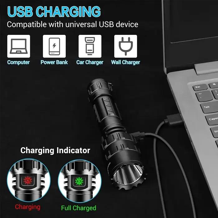 Lampe de poche tactique LED pour la chasse, Rechargeable par USB, étanche, pour tir professionnel, e