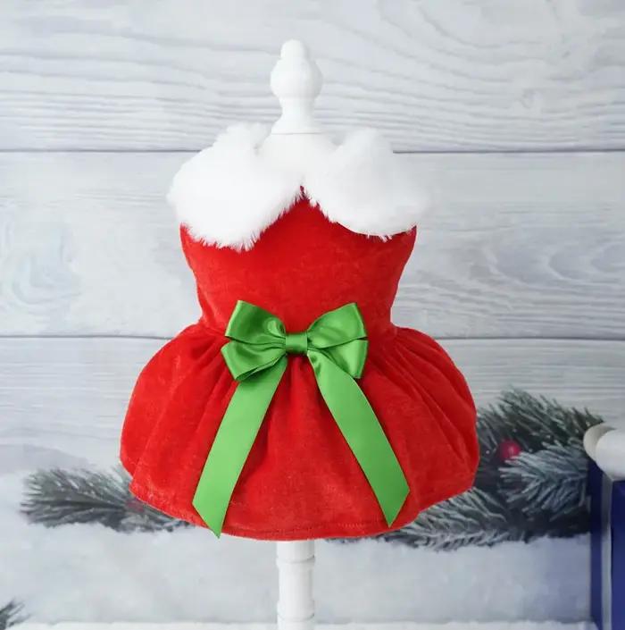Robe de Noël en velours pour chien avec col en fourrure, tenue festive pour animaux de compagnie pou