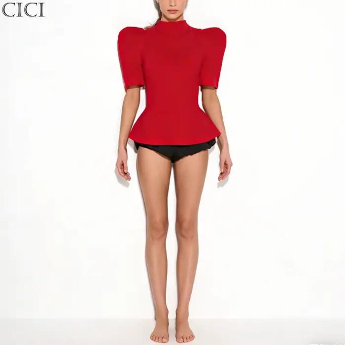 Haut Peplum Femme CiCi Col Montant Manches Courtes Bouffantes Silhouette Structurée Élégant Tenue de