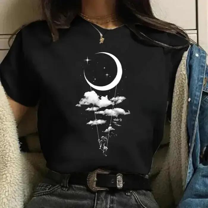 90s Lune Harajuku Drôle 90s Femmes T-shirt Fille Dessin Animé Graphique Imprimé Noir Dames